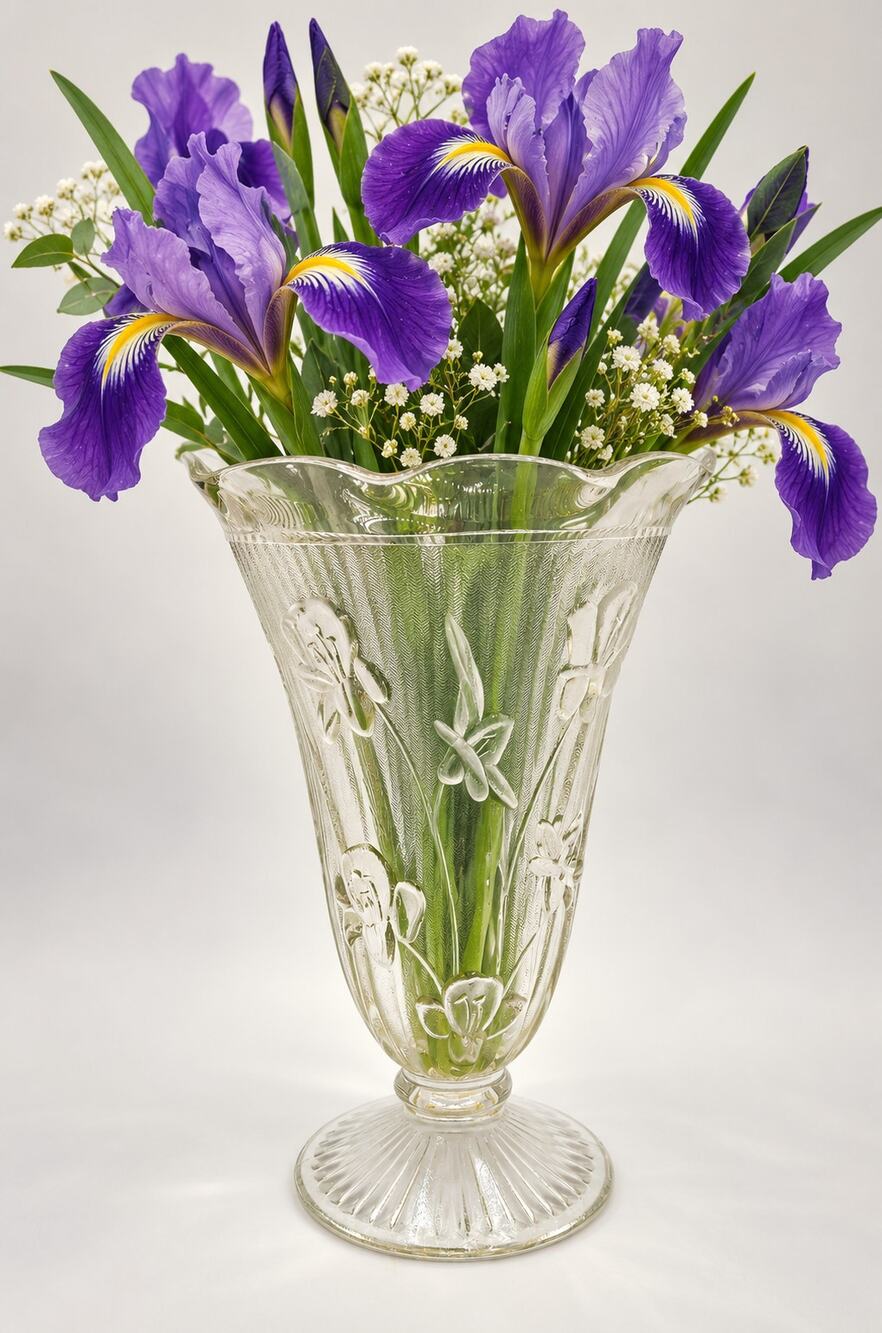 Vintage Jeannette Iris Herringbone Clear Glass Footed Vase 8” Depression Glass